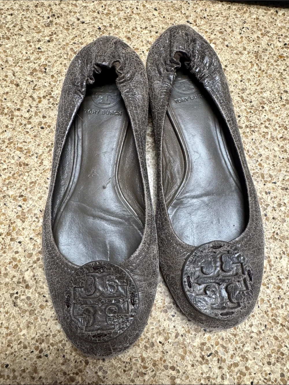 Tory Burch Distressed Brown Leather Logo Ballet Flats
